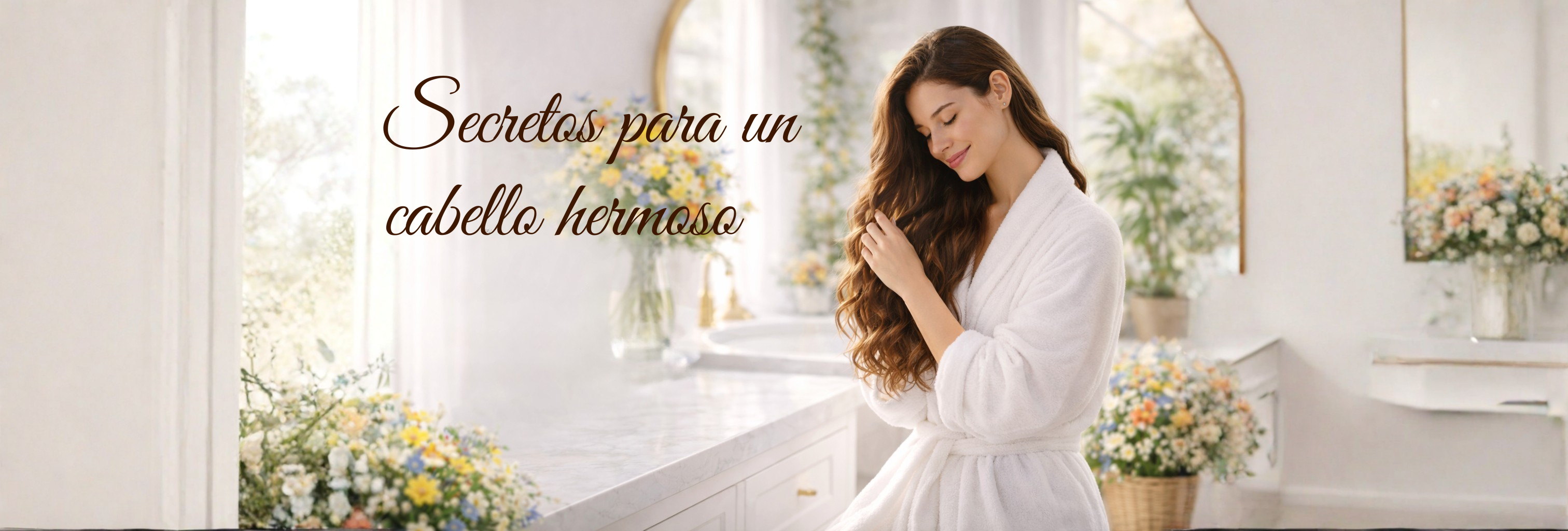 Mujer tocandose el cabello en un lavabo blanco