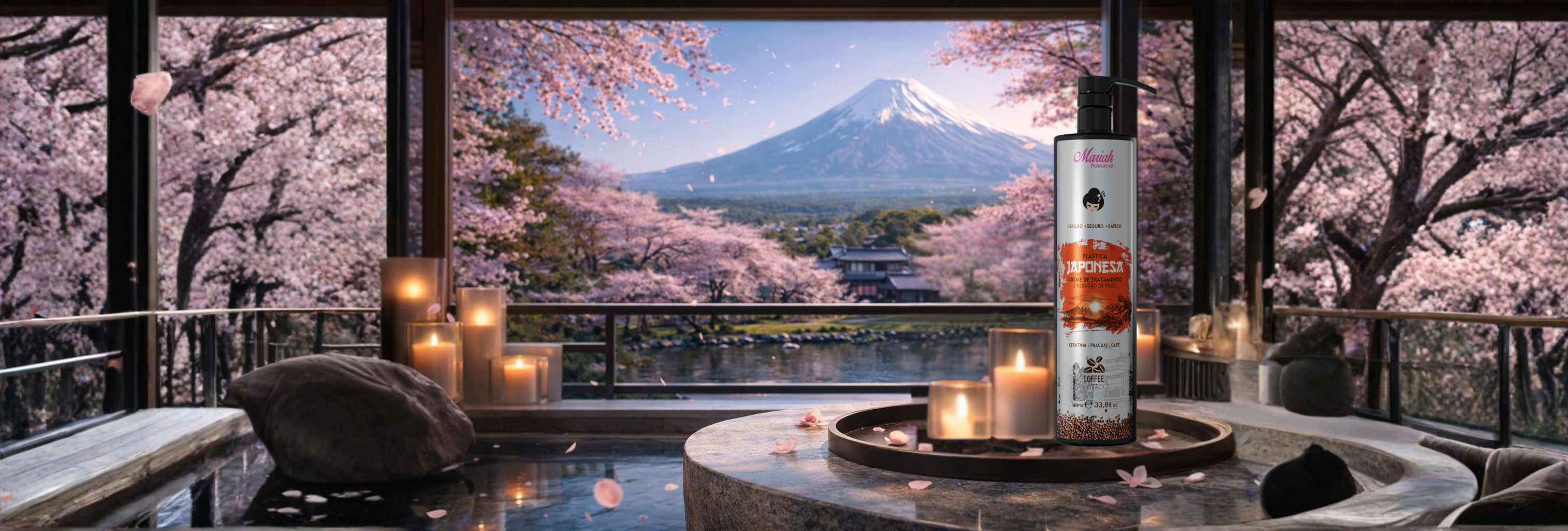producto japonesa encima de una mesa con velas en un balcon con vistas al monte Fuji y arboles de cerezos