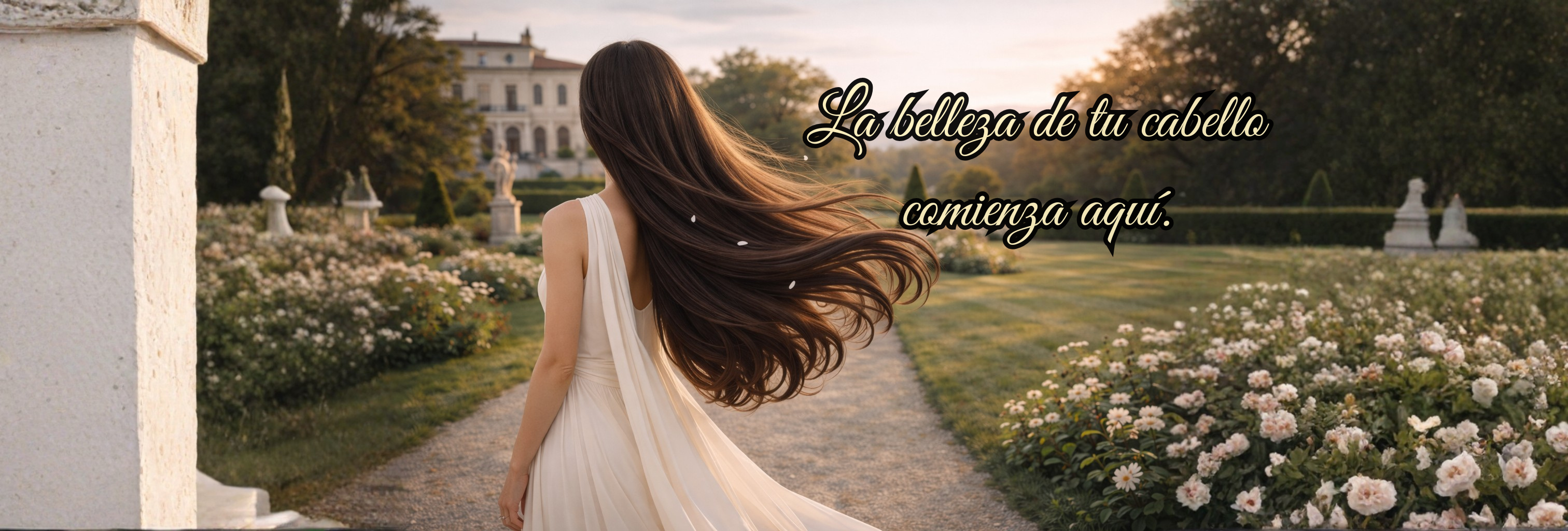 Mujer caminando en el de su casa con un vestido blanco y teniendo el pelo largo