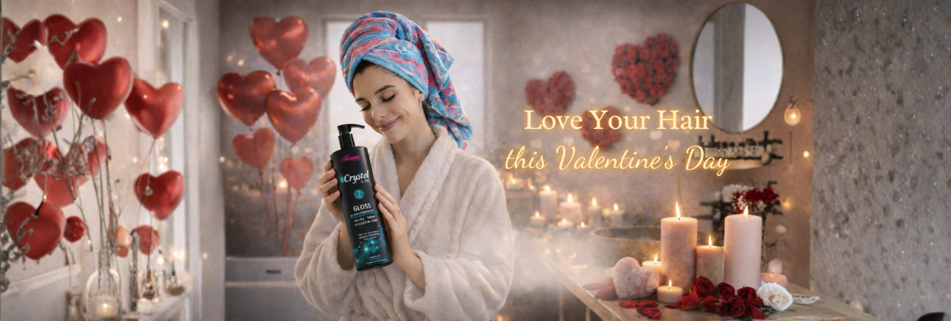 Mujer en un baño sujetando el producto Crystal Gloss Reconstructor en un baño lleno de velas y corazones